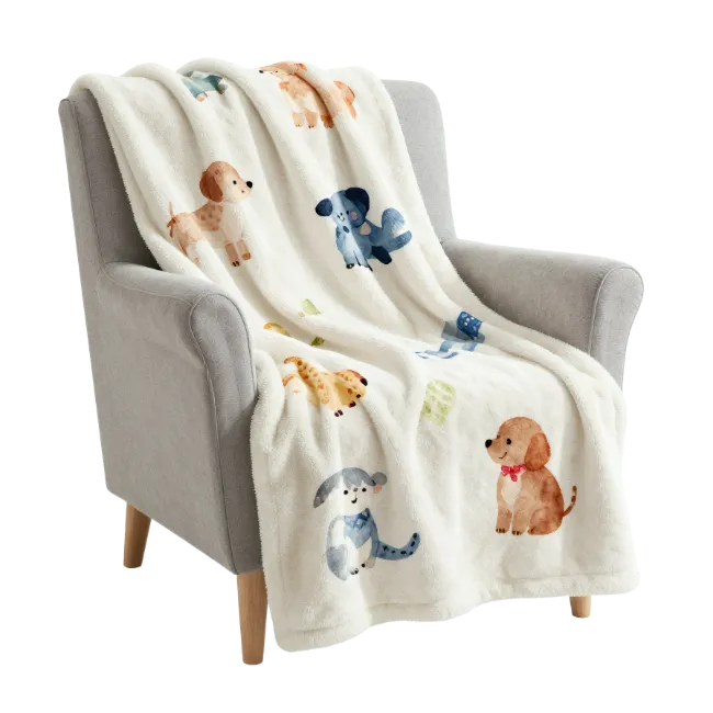 Gray armchair with a puppy print blanket