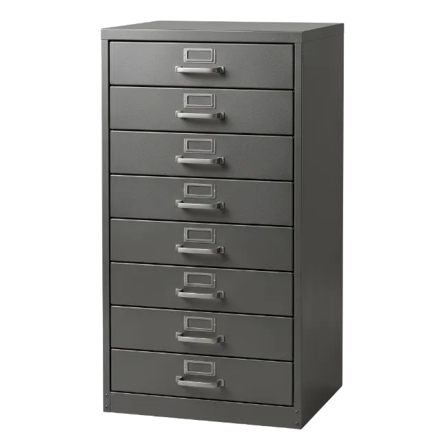 Gray metal office filing cabinet with eight drawers