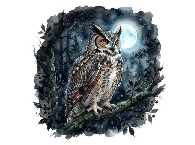Great Horned Owl in Forest at Night