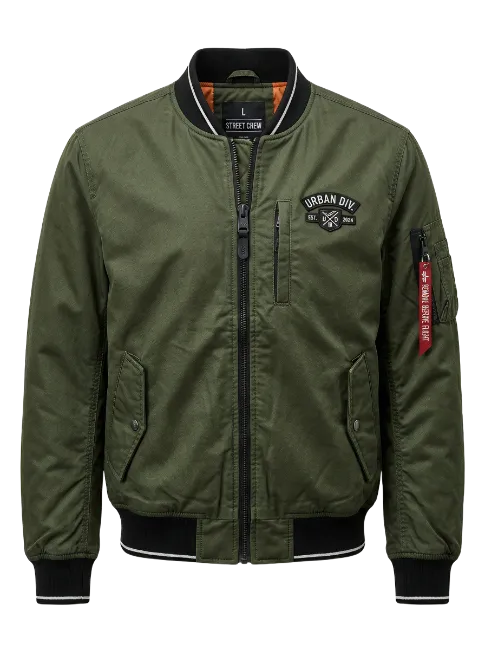 Green Bomber Jacket with Black Ribbed Collar