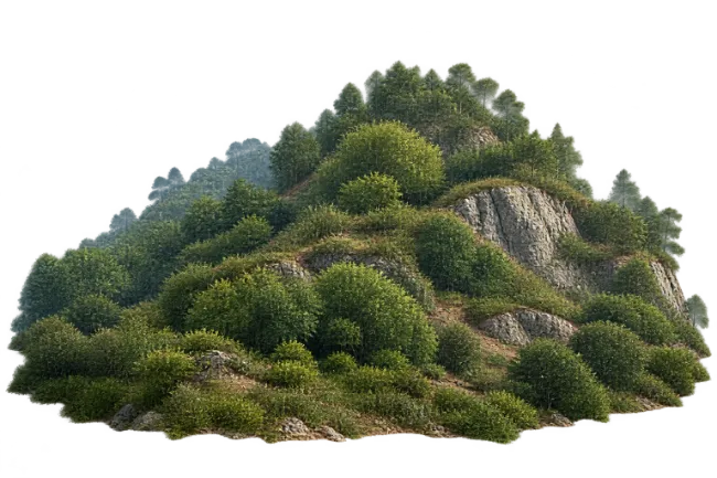 Green Bushy Mountain Hill with Rocky Terrain
