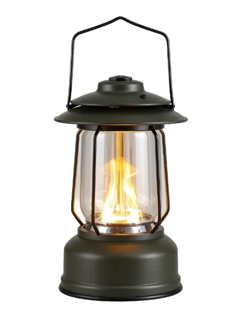 Green Camping Lantern with Flame Effect Light
