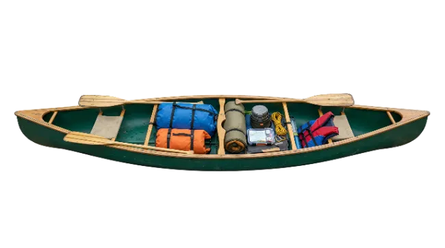 Green Canoe Packed With Camping Gear