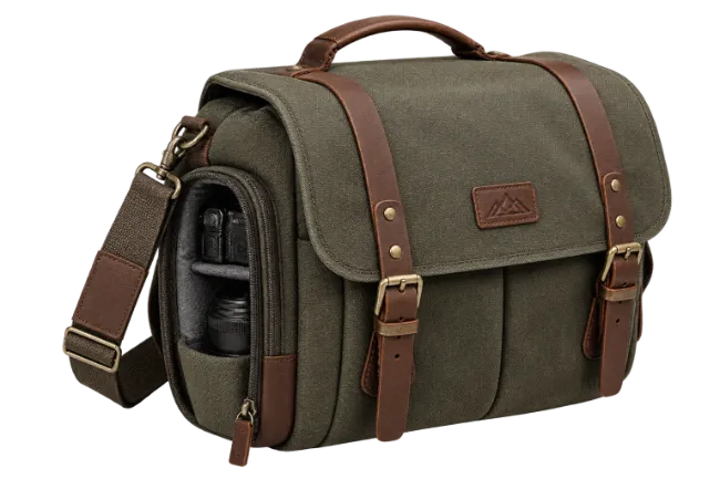 Green Canvas Camera Shoulder Bag with Brown Leather Straps