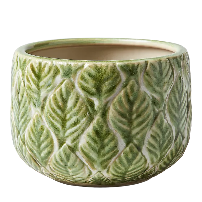 Green Ceramic Plant Pot with Leaf Texture