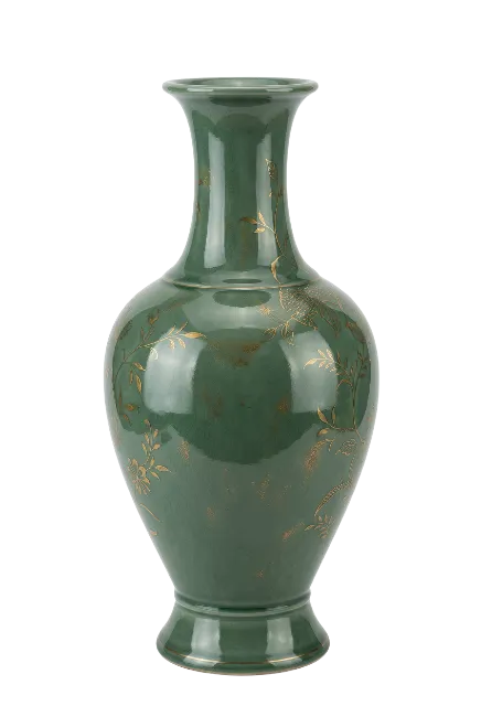 Green Ceramic Vase with Gold Floral Accents