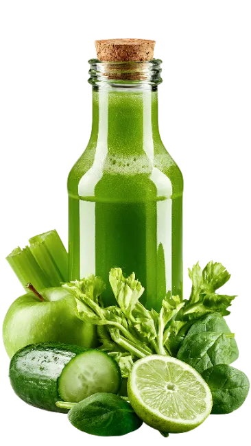 Green Juice Bottle with Fresh Vegetables and Fruits