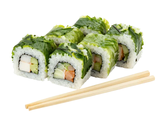 Green Leaf Maki Sushi Rolls with Chopsticks