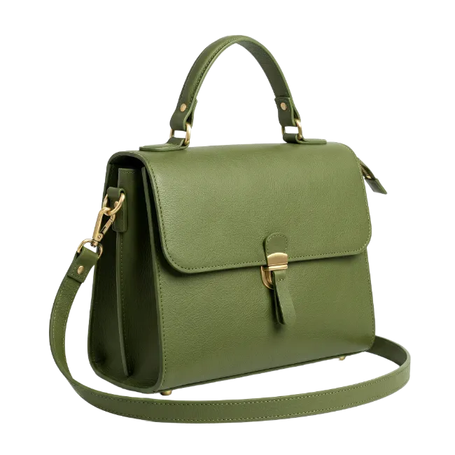 Green Leather Handbag with Shoulder Strap
