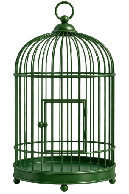 Green Metal Birdcage with Round Base and Door