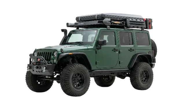 Green Off-Road Jeep SUV with Roof Tent
