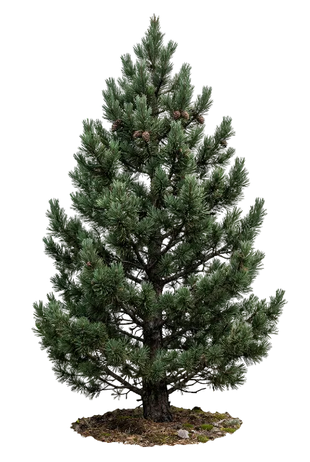 Green pine tree with pinecones on soil
