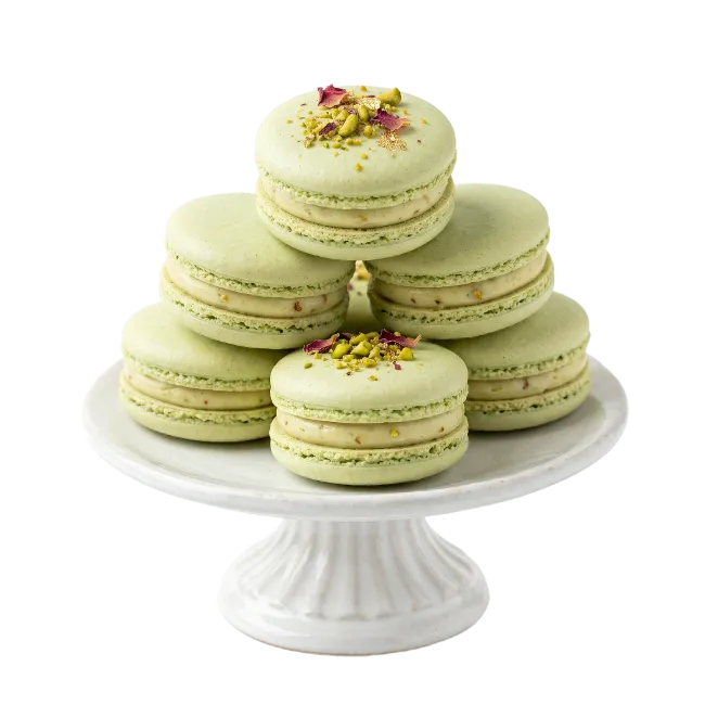 Green Pistachio Macarons Stacked on a Cake Stand