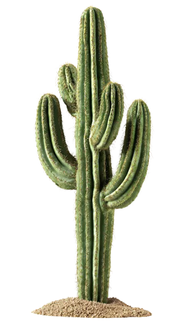 Green saguaro cactus plant with sand base