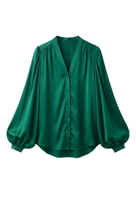 Green Satin Blouse with Long Sleeves