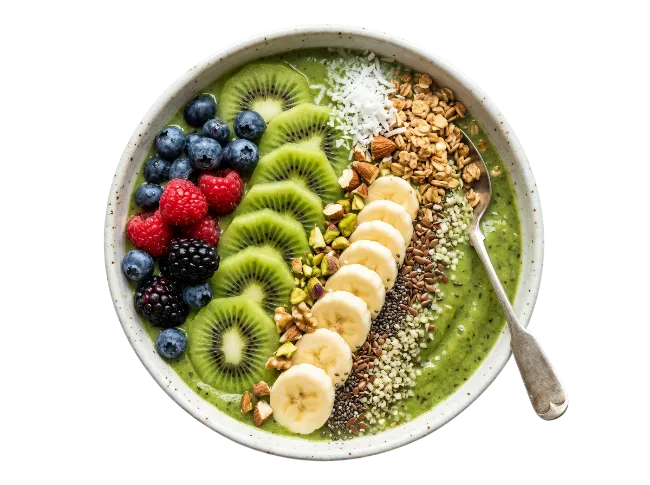 Green Smoothie Bowl with Fruits and Granola