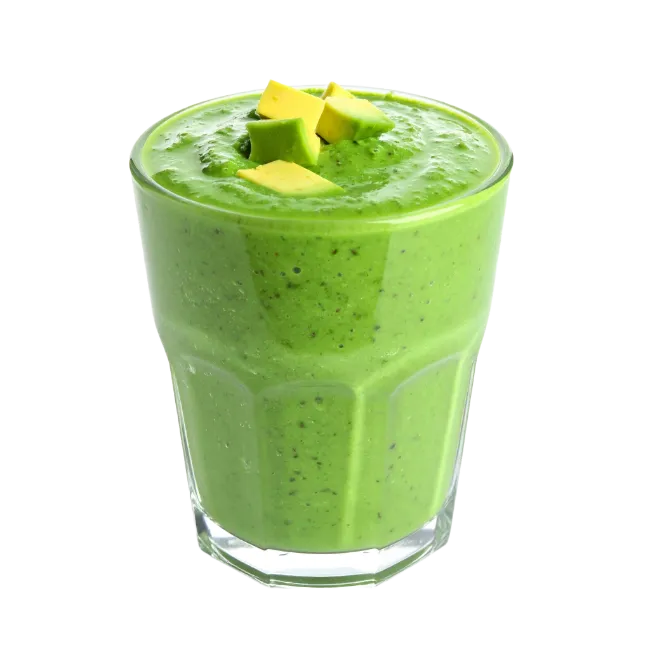 Green Smoothie in Glass with Avocado Chunks