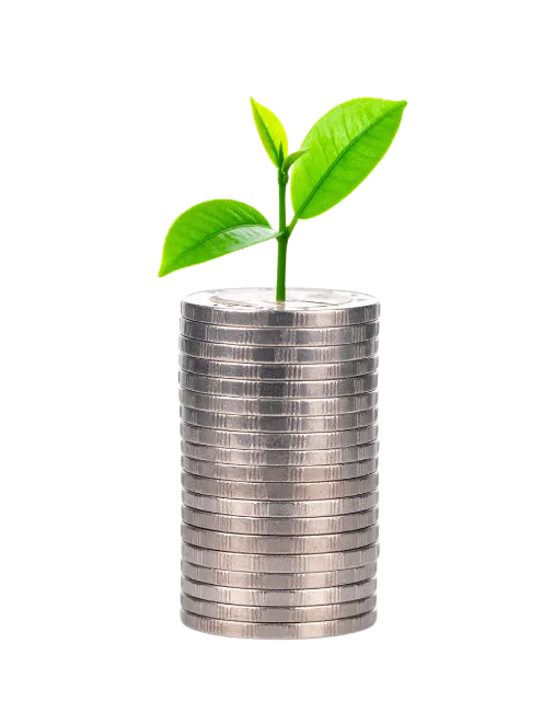 Green sprout growing from stacked silver coins