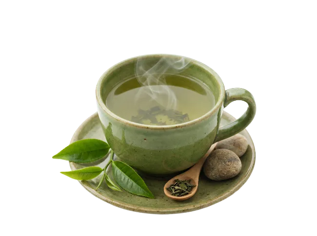 Green Tea Cup With Fresh Leaves And Steaming Hot Tea