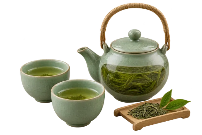 Green Tea Set with Ceramic Teapot Teacups and Dried Leaves