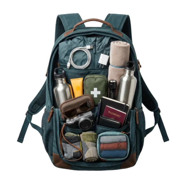 Green Travel Backpack with Organized Gear and Accessories