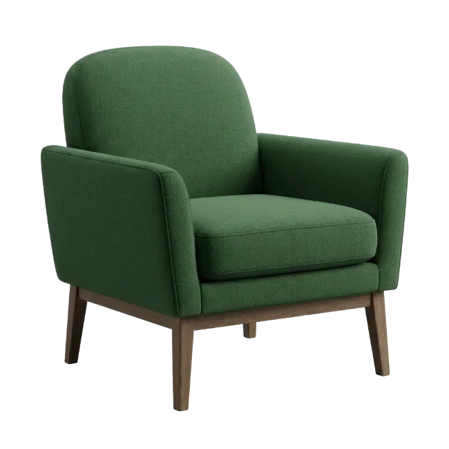 Green upholstered armchair with wooden legs