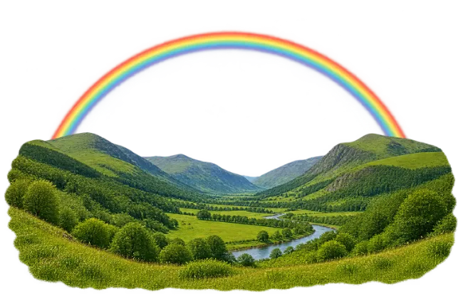 Green Valley Landscape With Rainbow