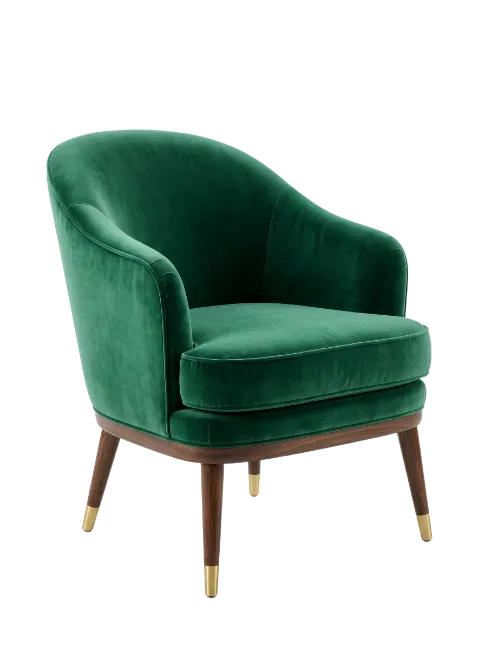 Green Velvet Armchair with Wooden Legs