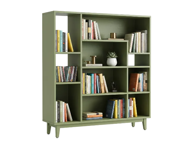 Green Wooden Bookshelf with Books and Plant
