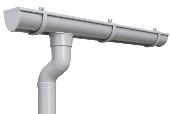 Grey plastic rain gutter and downpipe system