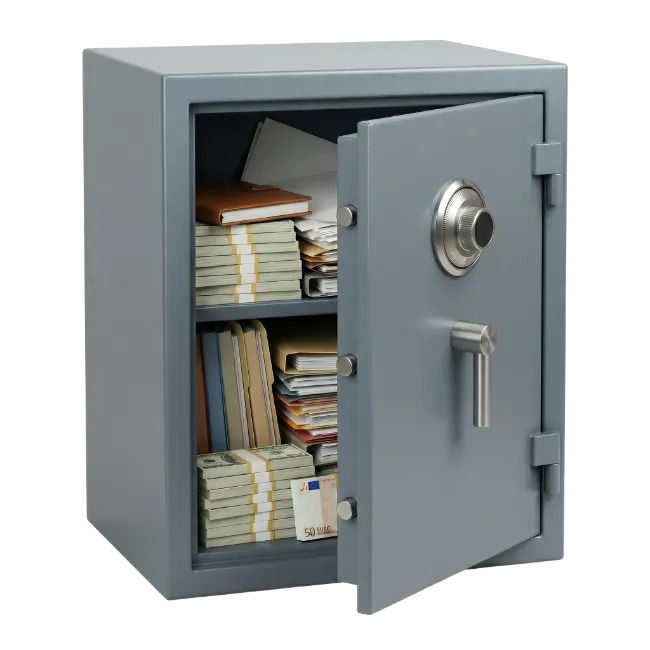 Grey Security Safe with Open Door and Cash