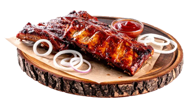 Grilled Barbecue Pork Ribs on Wooden Platter