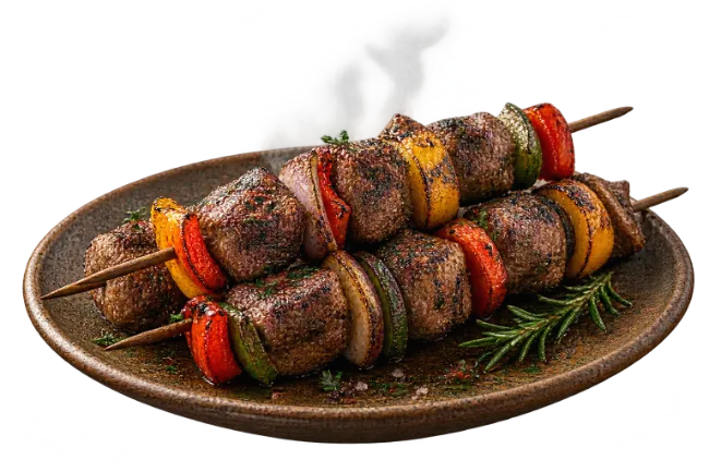 Grilled Beef Kebabs with Vegetables on Ceramic Plate