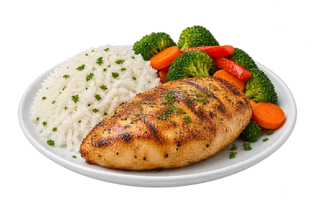 Grilled Chicken Breast with White Rice and Steamed Vegetables