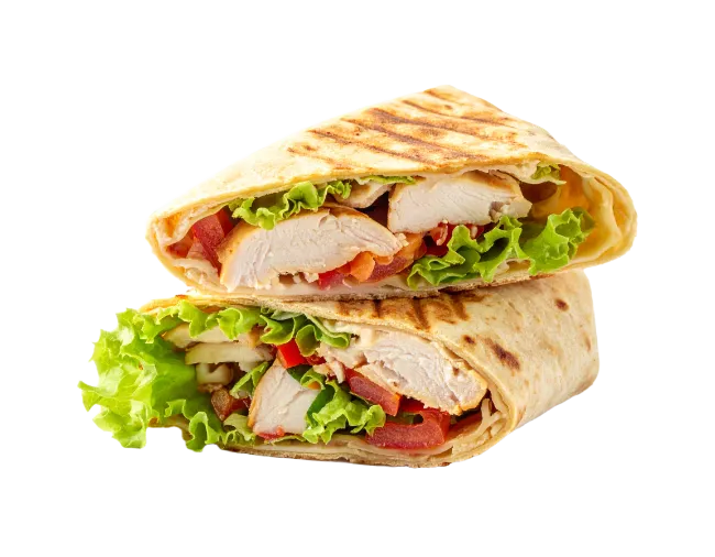 Grilled chicken wrap cut in half