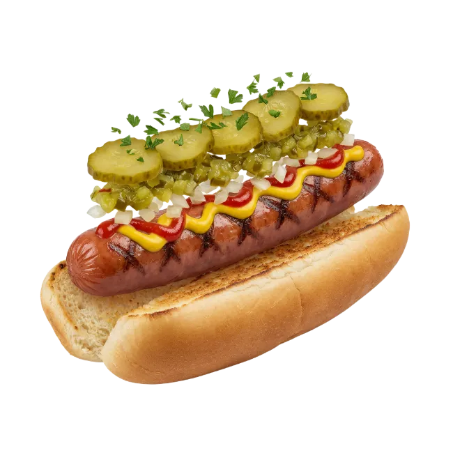 Grilled hot dog with pickles and mustard