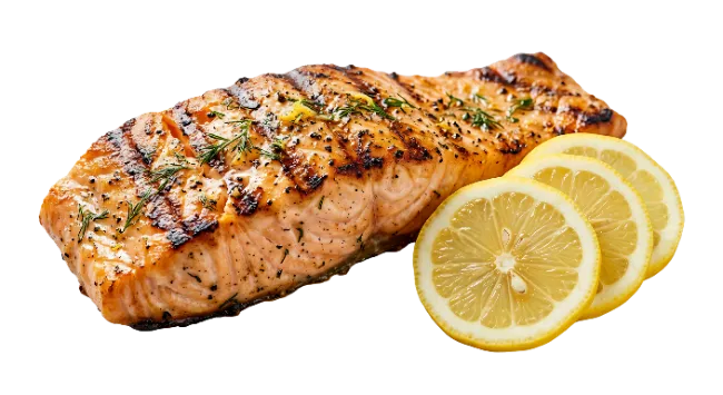 Grilled salmon fillet with fresh lemon slices