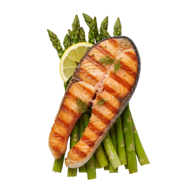 Grilled Salmon Steak with Asparagus and Lemon