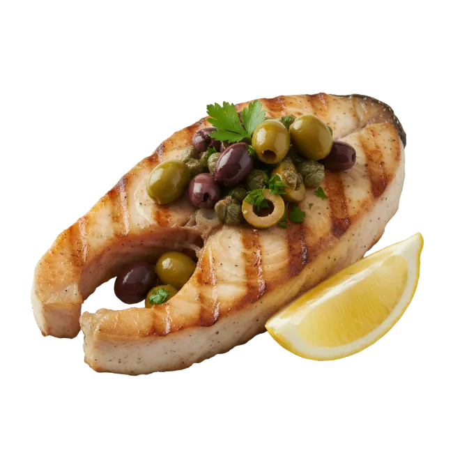 Grilled Salmon Steak With Olives And Lemon