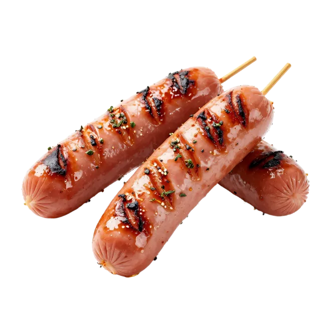 Grilled sausages on wooden skewers