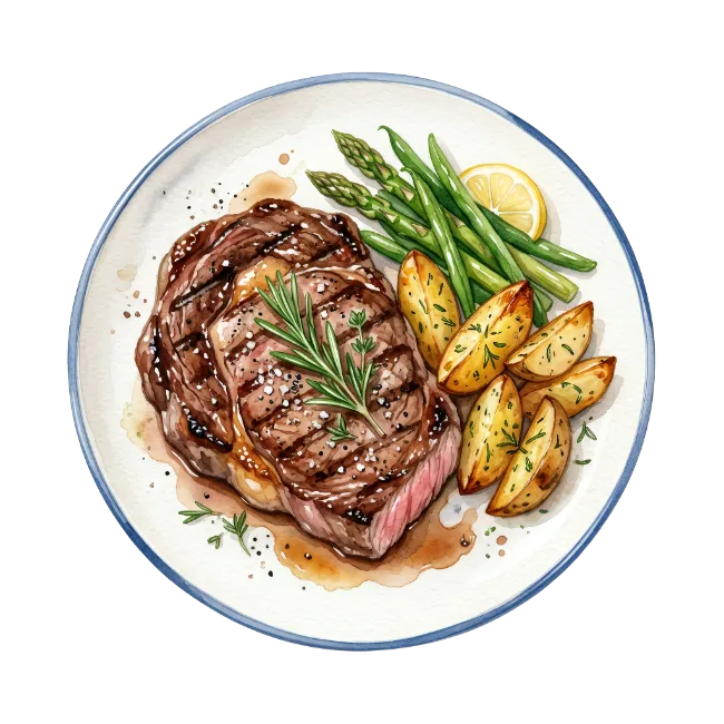 Grilled Steak with Asparagus and Potato Wedges