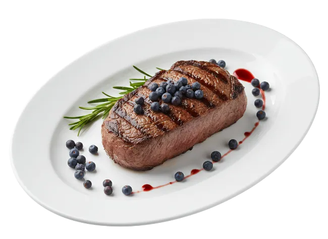 Grilled Steak with Blueberries on White Plate