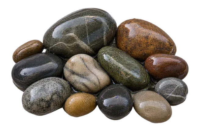 Group of Smooth Wet River Pebbles and Stones