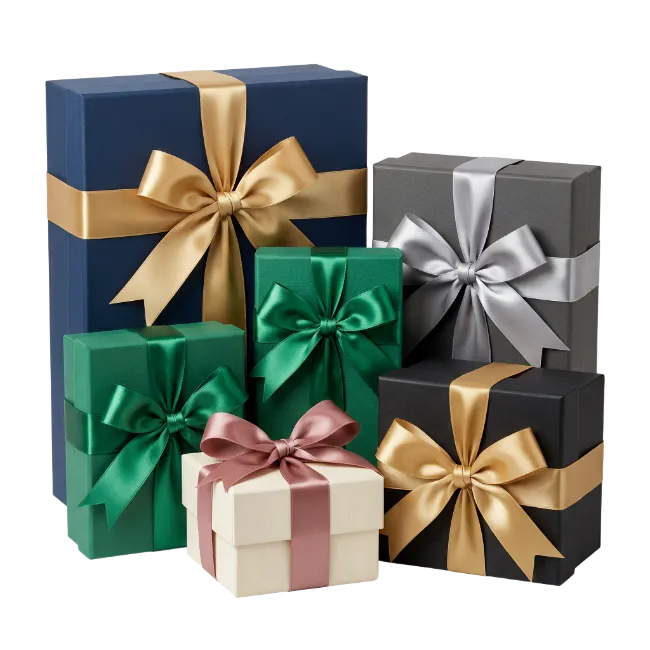 Group of wrapped gift boxes with ribbons