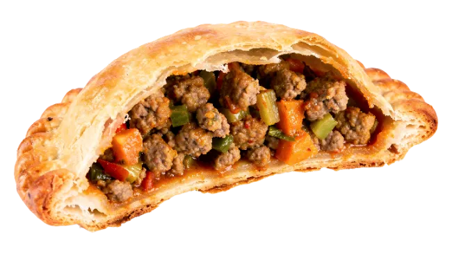 Half of savory meat pie with minced beef and vegetables