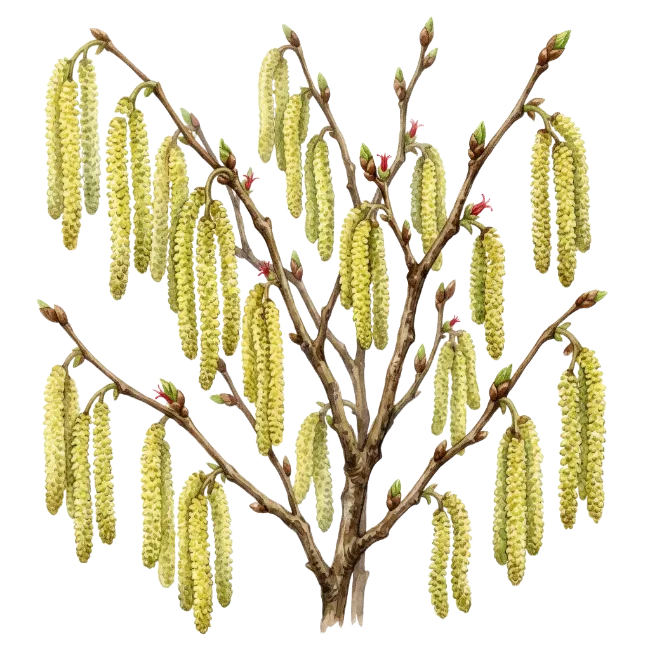 Hazelnut Catkins Branch Botanical Illustration