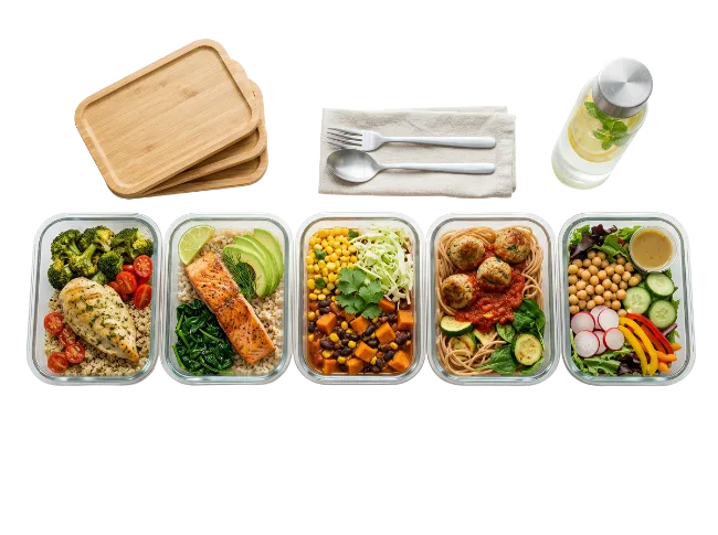 Healthy Meal Prep Containers with Diverse Dishes