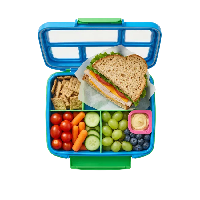 Healthy school lunch box with sandwich and snacks
