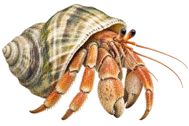 Hermit crab in seashell watercolor illustration