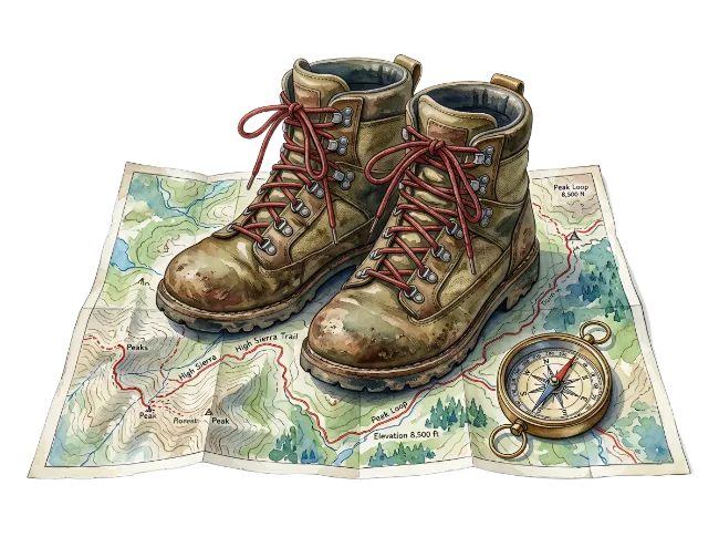 Hiking Boots on a Trail Map with Compass